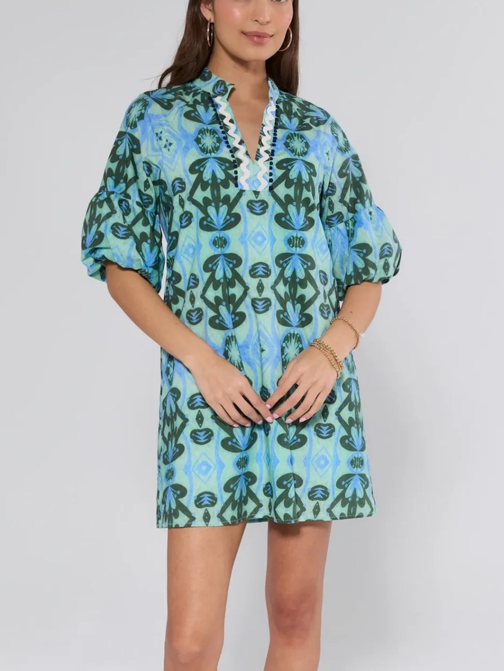 THML Blue and Green Floral-Print‎ Tunic Dress